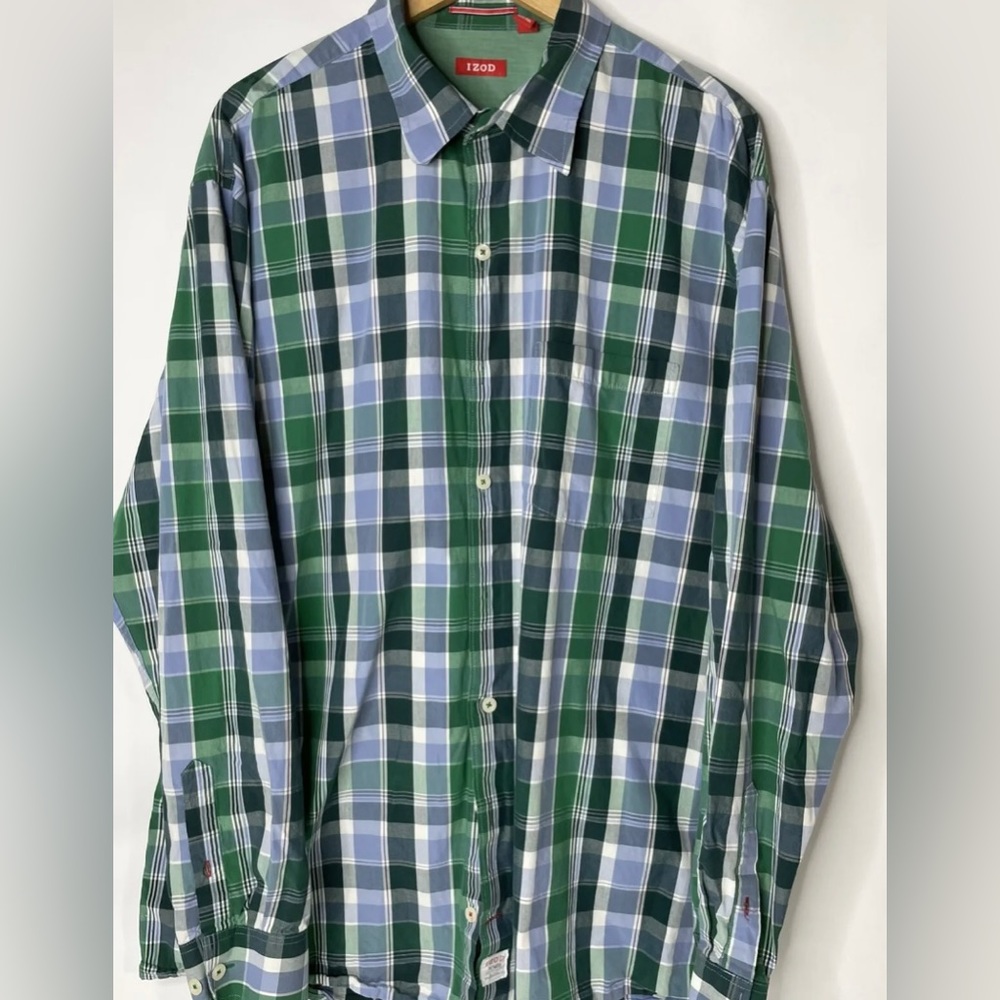 Izod Mens Saltwater Classic Long Sleeve ButtonDown Green & Blue Plaid Size L